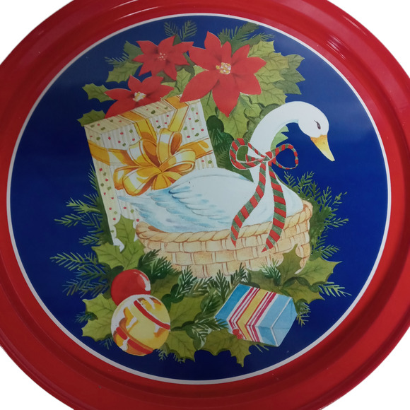 🎄VTG Metal Christmas Tray 🦢 12" Swan Poinsettia Retro Holiday Decor - Picture 4 of 10